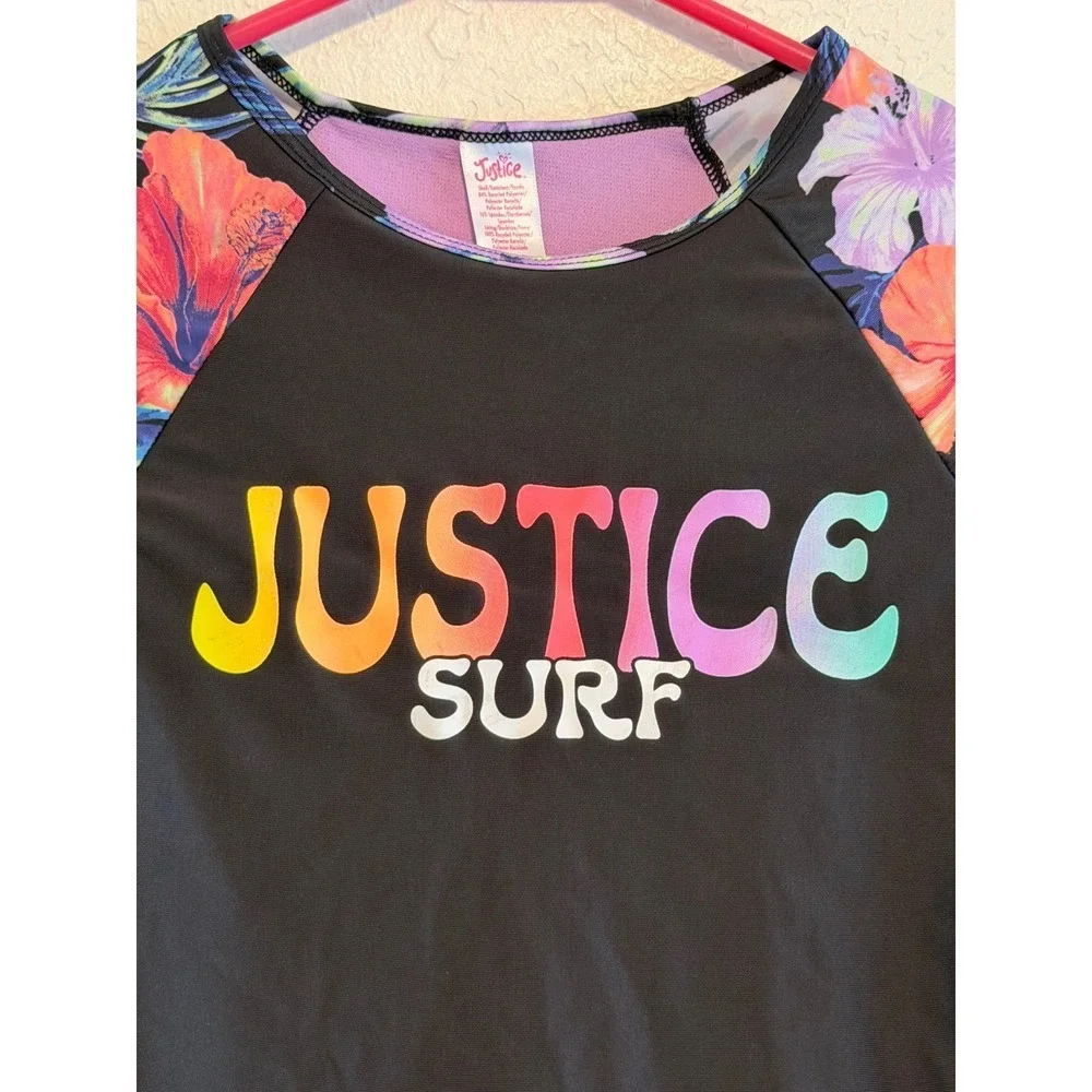 Justice Surf Girls Black Tropical Floral Long Sleeve Rash Guard Swim Top L 12/14